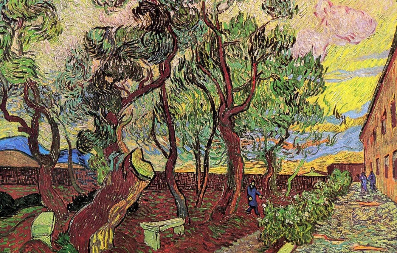 Photo wallpaper trees, people, shop, Vincent van Gogh, Hospital 4, The Garden of Saint-Paul