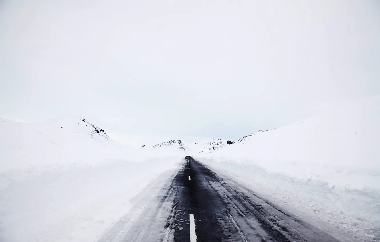 Photo wallpaper winter, road, snow, fog