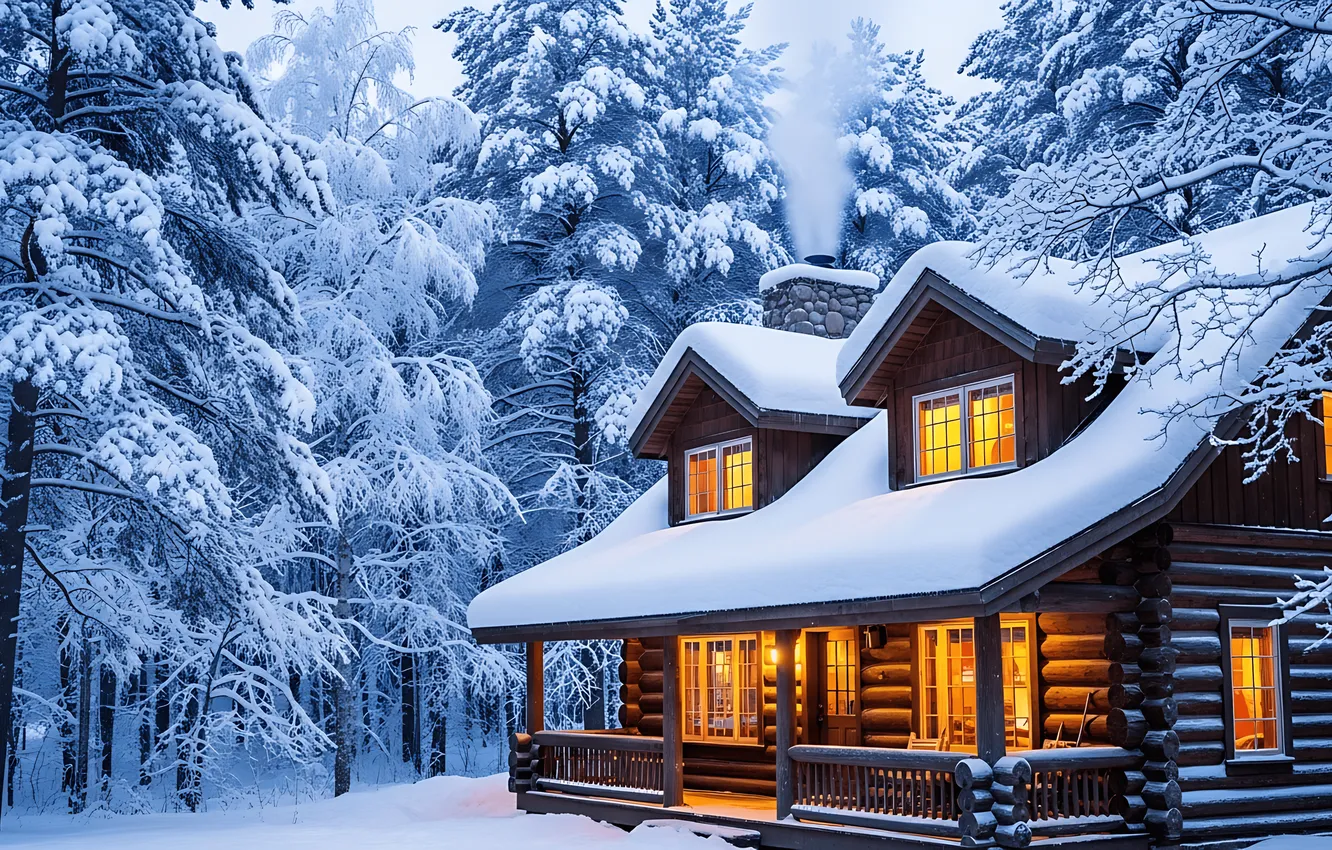 Photo wallpaper winter, forest, snow, Christmas, house, hut, forest, winter