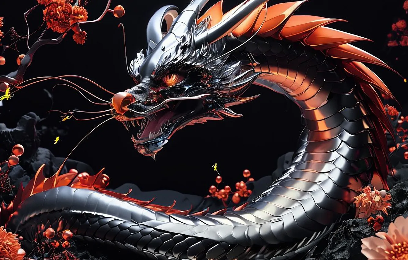 Photo wallpaper flowers, branches, dragon, mouth, black background, digital art, a mythical creature, digital art