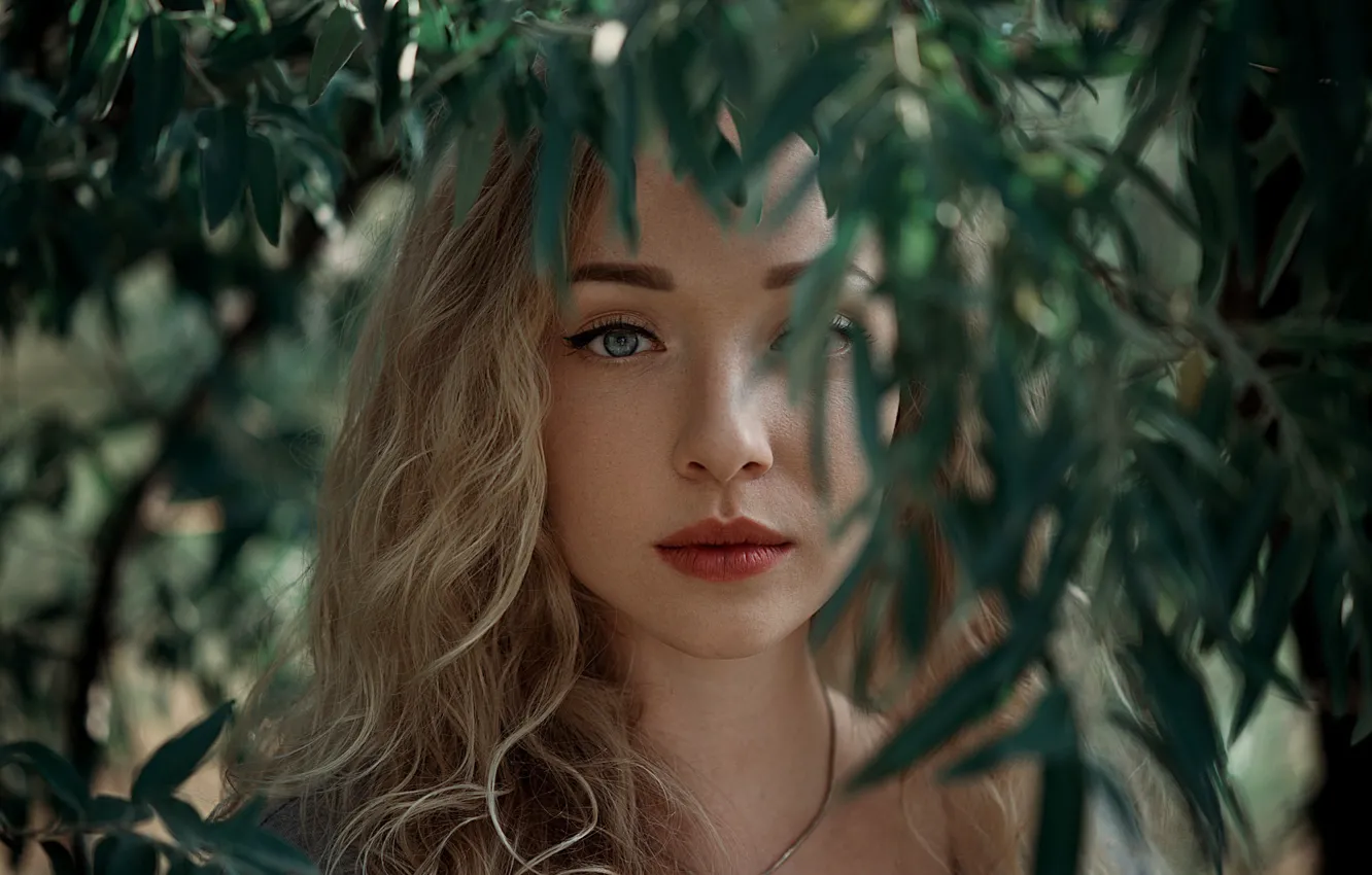 Photo wallpaper leaves, girl, branches, face, makeup, blonde, Ann Nevreva