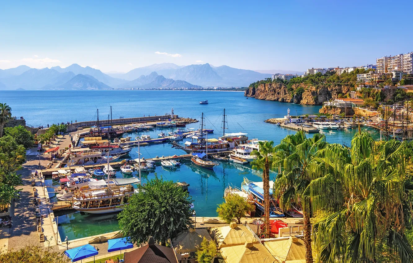 Photo wallpaper sea, mountains, palm trees, yacht, Turkey, Antalya