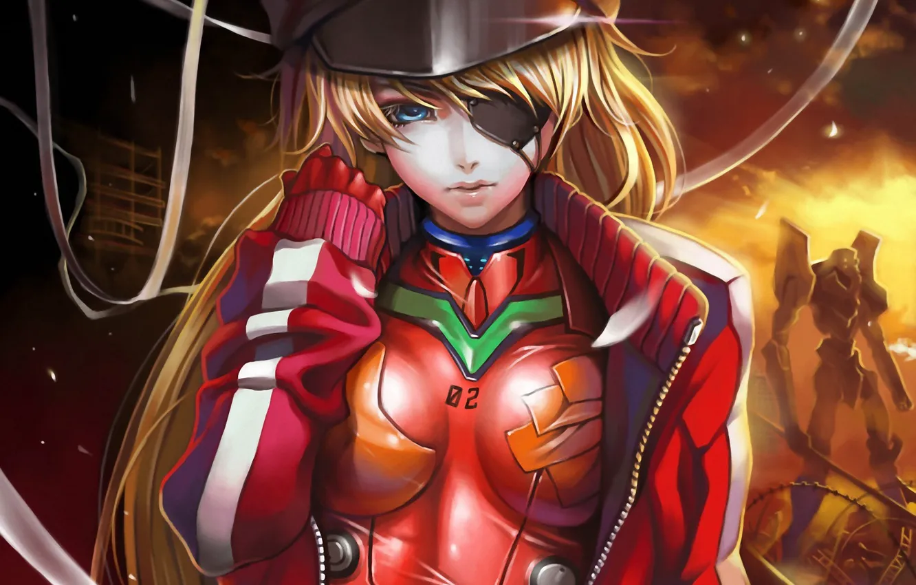 Photo wallpaper girl, robot, art, headband, cap, neon genesis evangelion, fur, soryu asuka langley