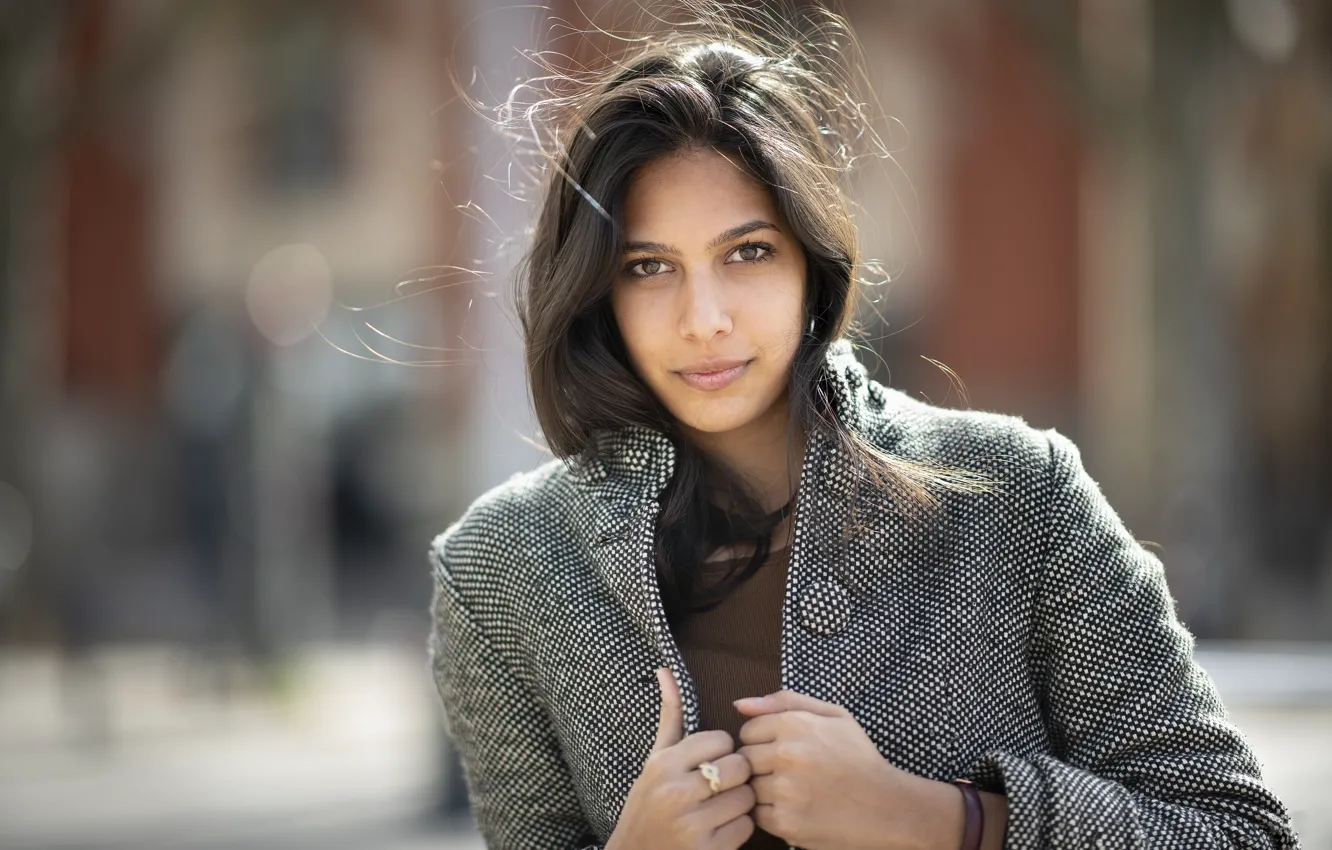 Photo wallpaper look, girl, model, hair, coat, bokeh, Axelle