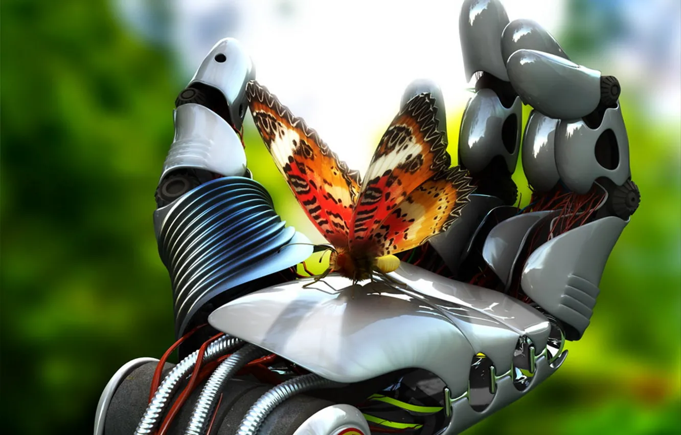 Photo wallpaper butterfly, mechanism, robot, hand