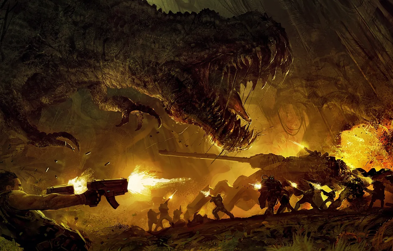 Photo wallpaper dinosaur, battle, Turok 2