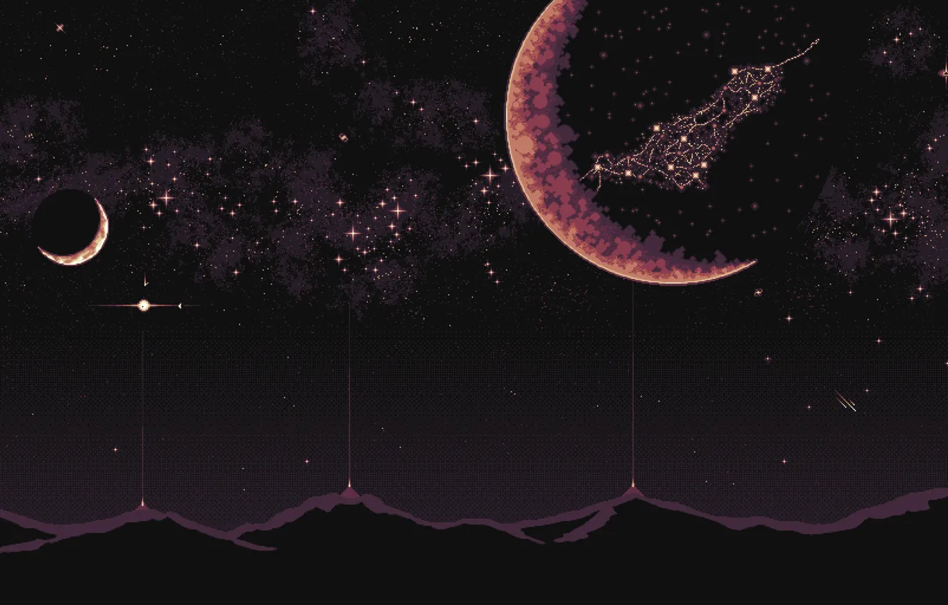 Photo wallpaper stars, mountains, space, planet, beauty, space, black background, rays of light