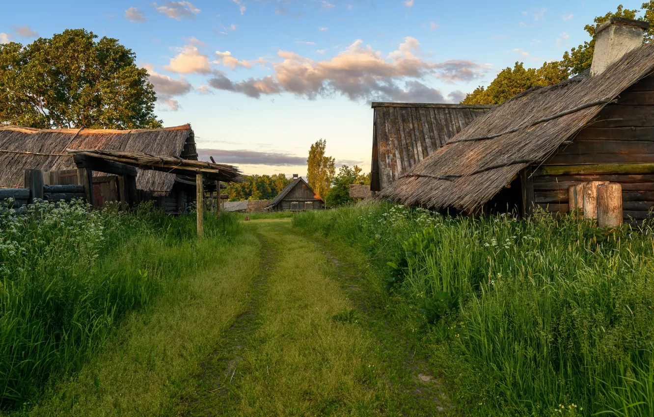 Photo wallpaper road, the sky, grass, clouds, trees, village, houses, abandoned