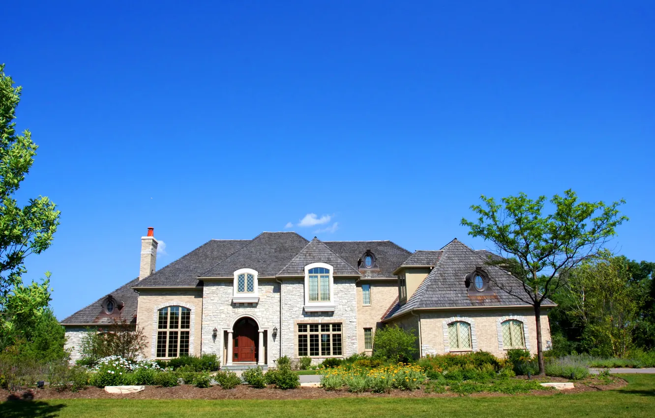 Photo wallpaper grass, the city, photo, home, mansion, the bushes