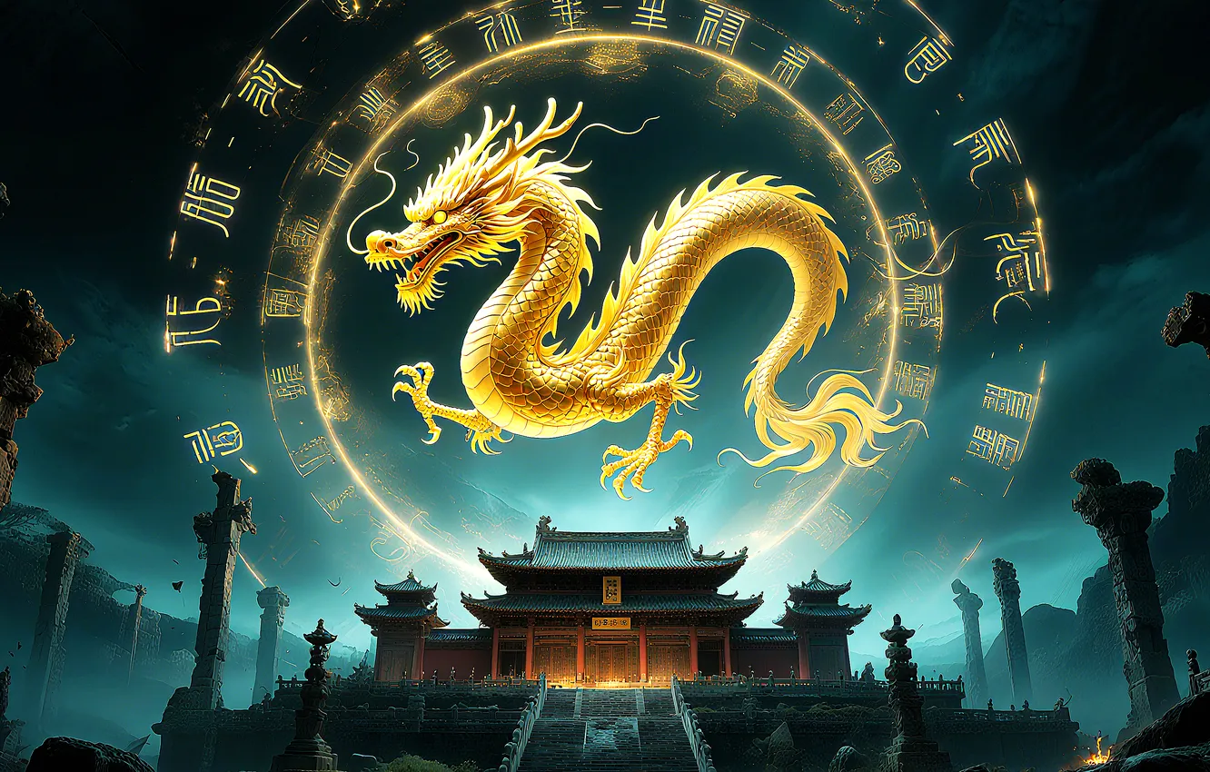 Photo wallpaper dragon, city, chinese, fantasy