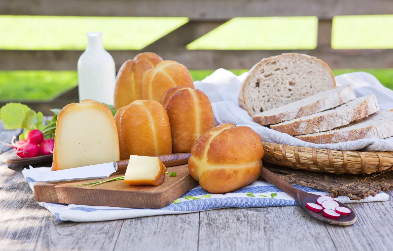 Photo wallpaper greens, table, basket, cheese, milk, bread, knife, napkin