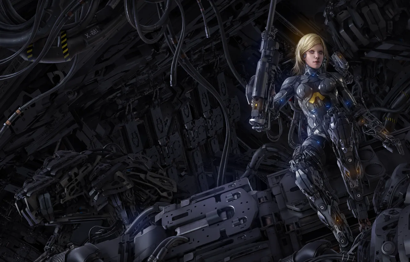 Photo wallpaper girl, weapons, fiction, mechanism, robot, art, blonde, cyborg