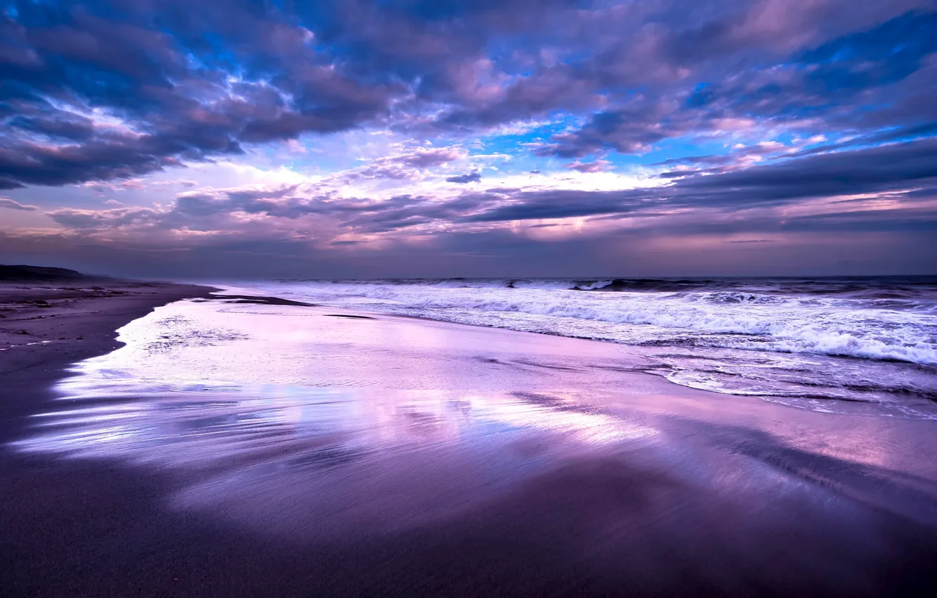 Photo wallpaper sea, the sky, clouds, blue, clouds, the ocean, shore, the evening