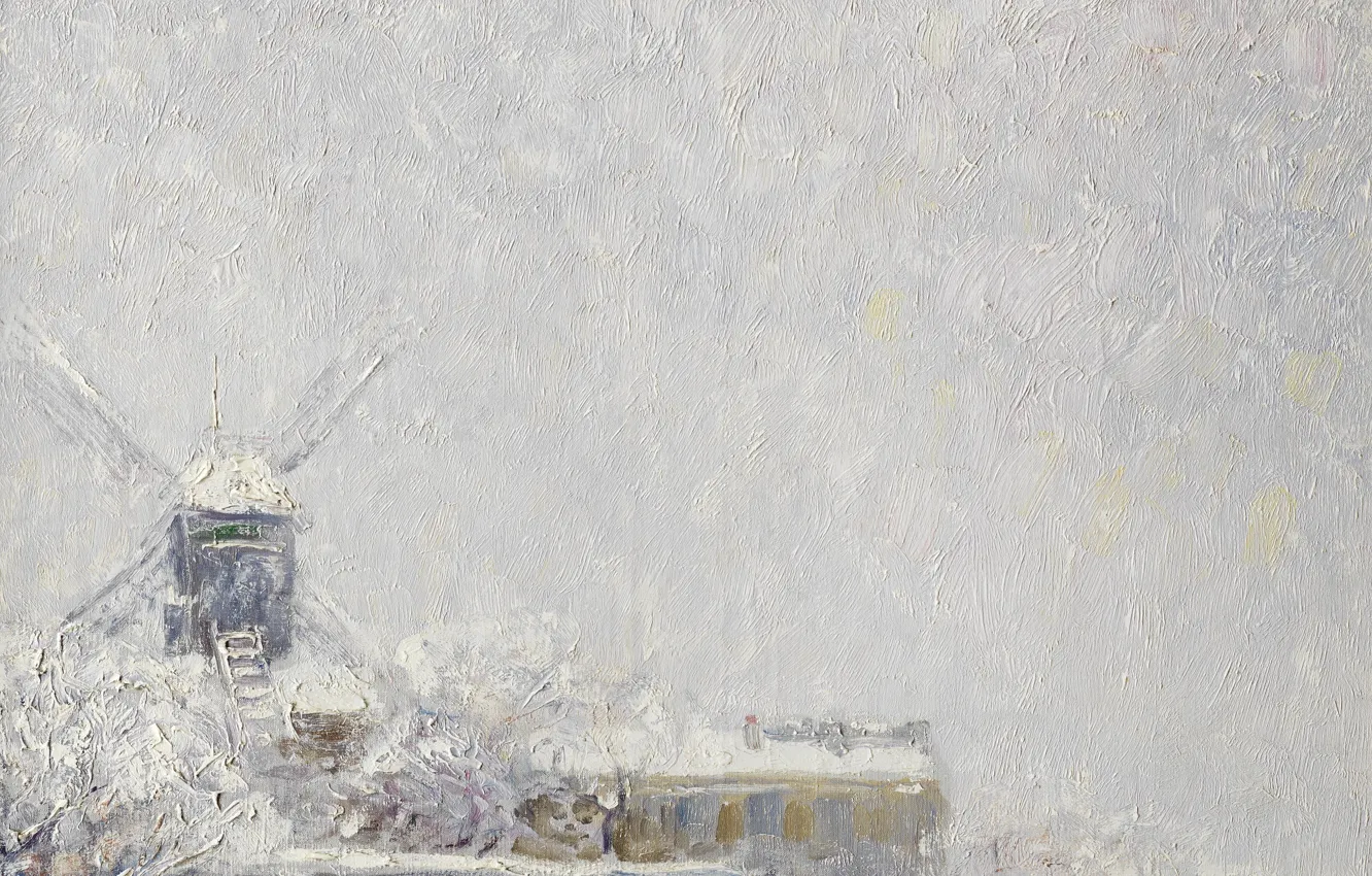Photo wallpaper winter, oil, mill, canvas, Kees van Dongen, Moulin de La Galette under the snow, 1904-1905