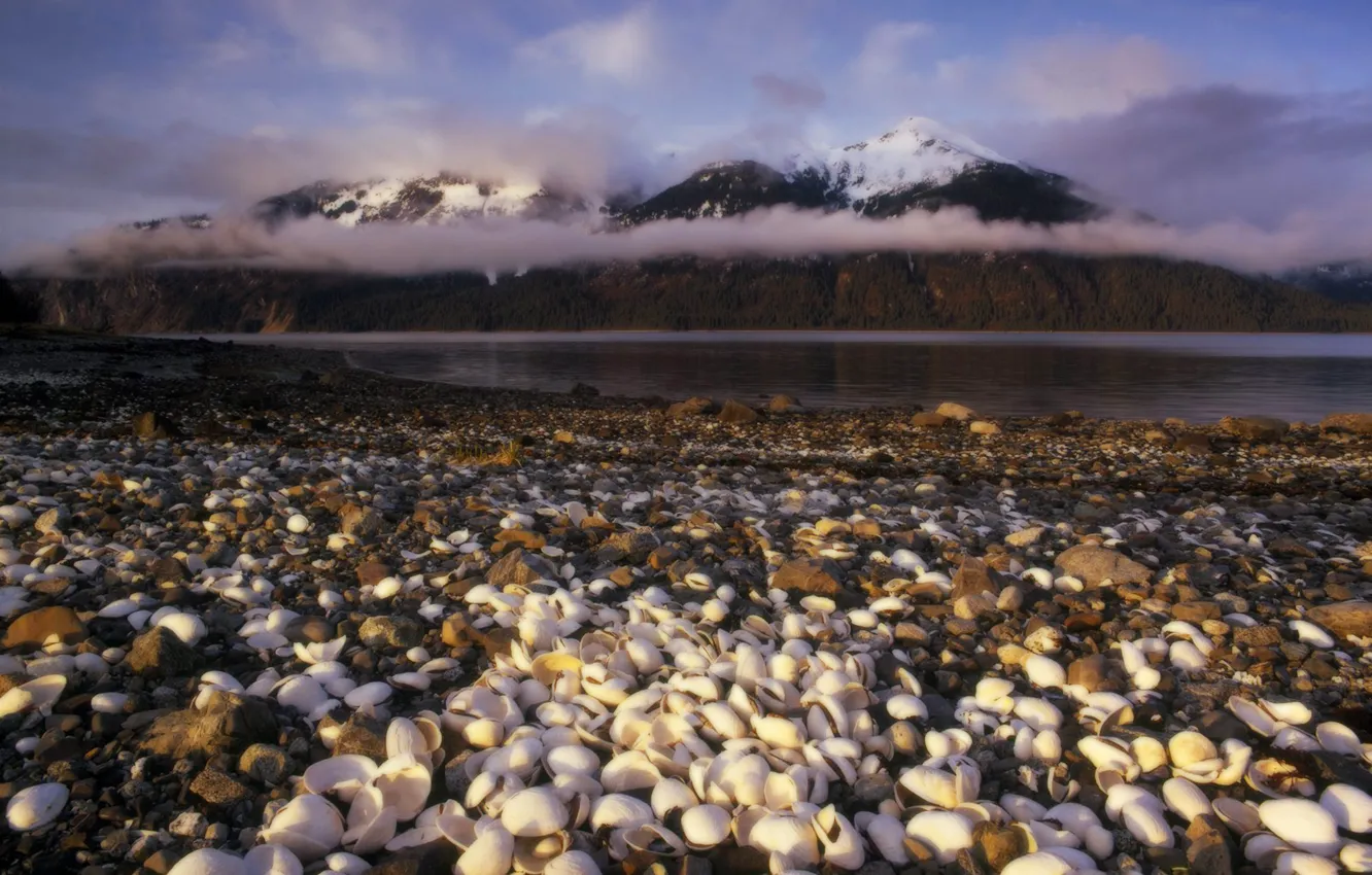 Photo wallpaper the sky, clouds, mountains, shore, Bay, haze, shell