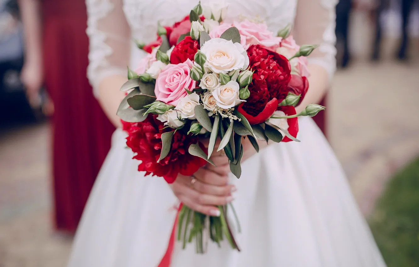 Photo wallpaper roses, bouquet, dress, the bride, wedding, peonies