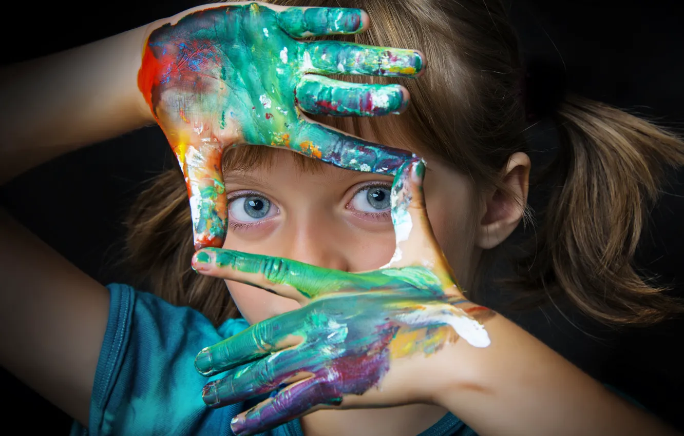 Photo wallpaper eyes, hand, little girl, fingers, Painting