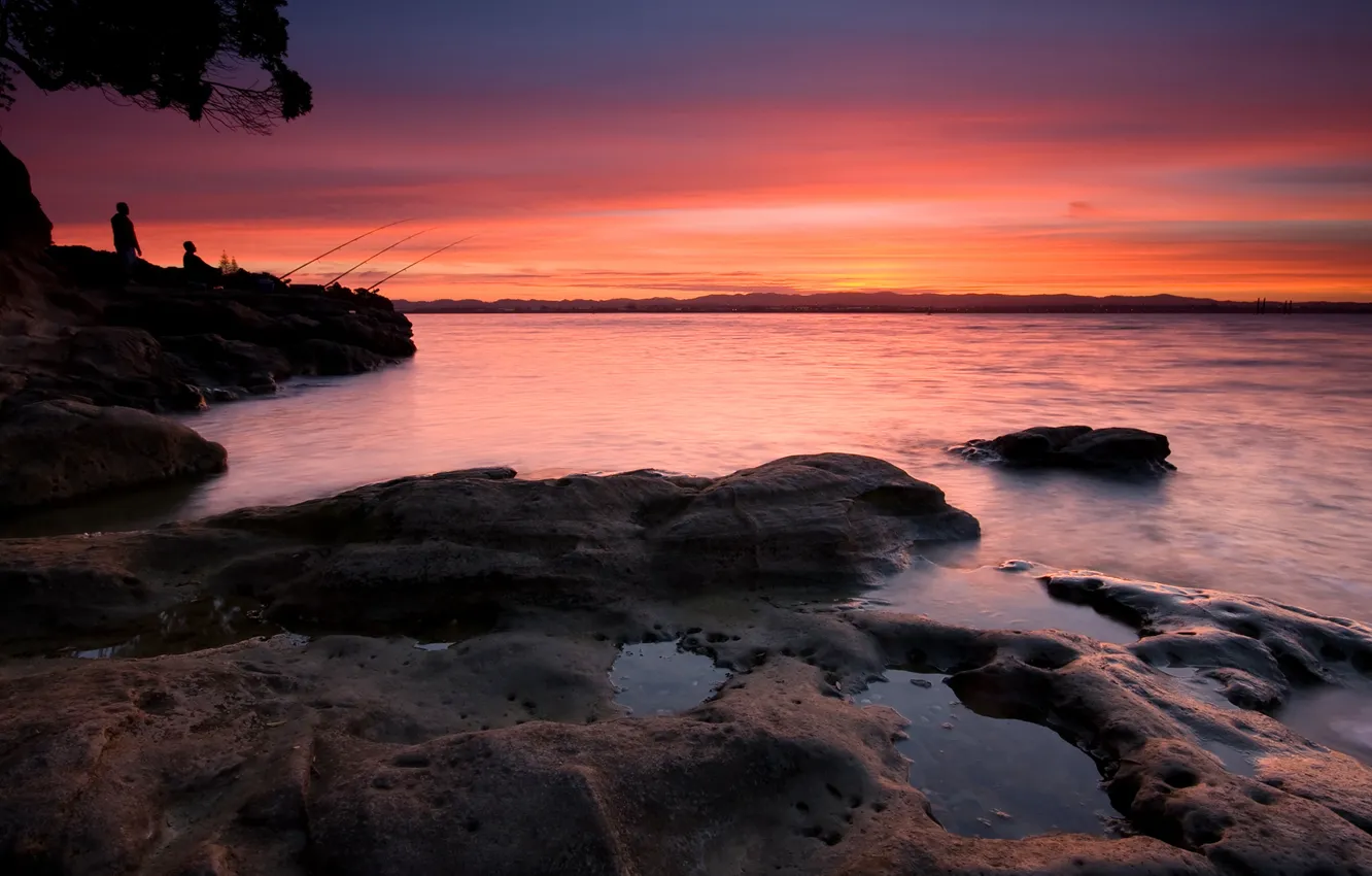 Photo wallpaper the sky, sunset, river, stones, fisherman, the evening
