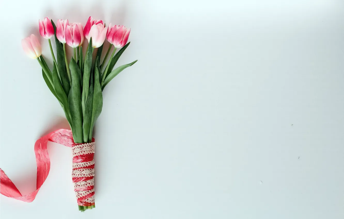 Photo wallpaper flowers, bouquet, tape, tulips, pink, pink, romantic, tulips