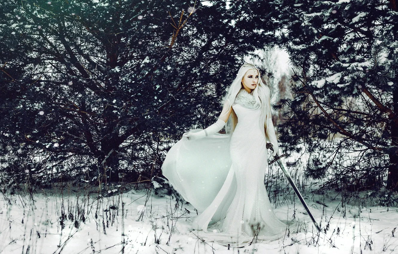 Photo wallpaper winter, figure, hairstyle, sword, dress, model, nature, makeup