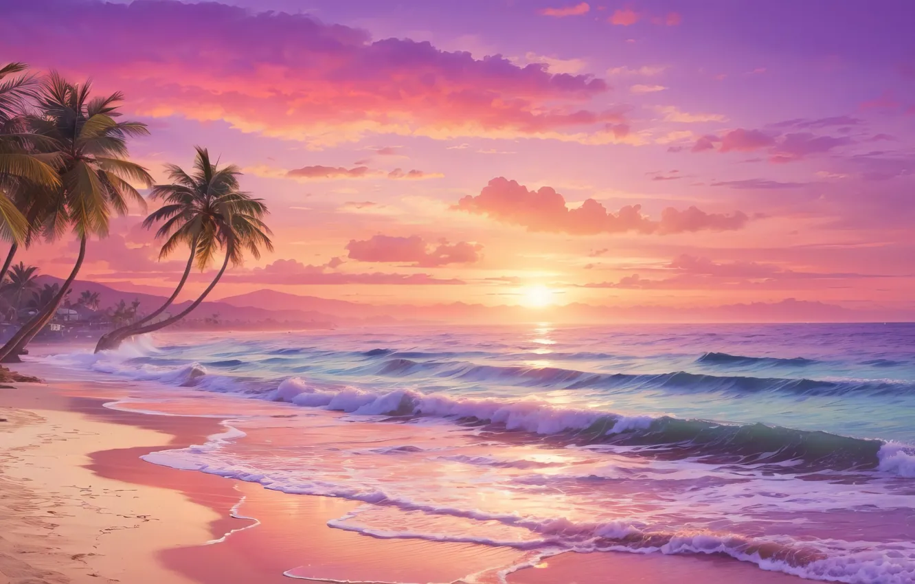 Photo wallpaper beach, ocean, sunset, scenic, palm trees