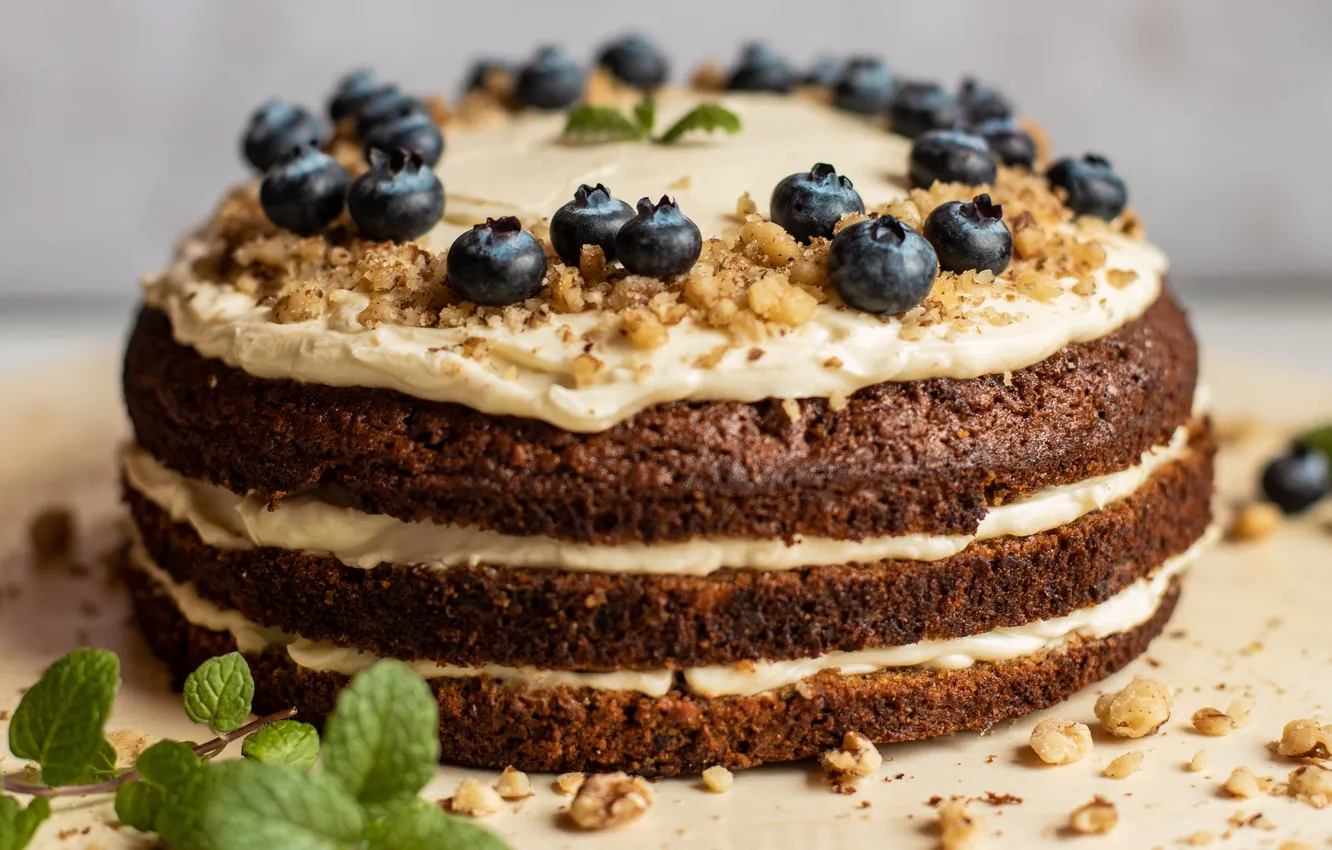 Photo wallpaper berries, blueberries, pie, cake, nuts, mint, cream, the cake