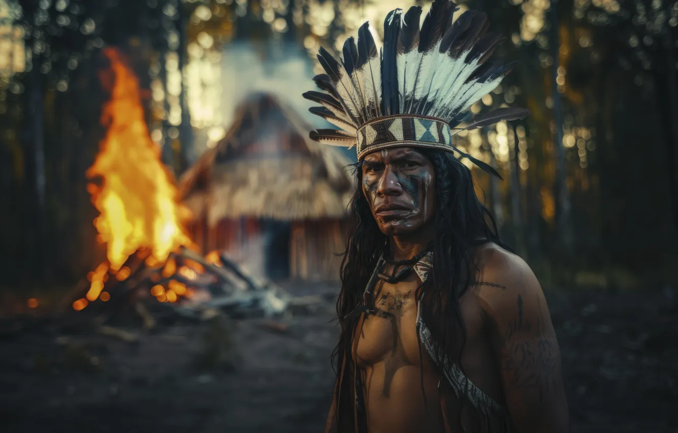 Photo wallpaper trees, lights, feathers, warrior, male, hut, Indian, Miami
