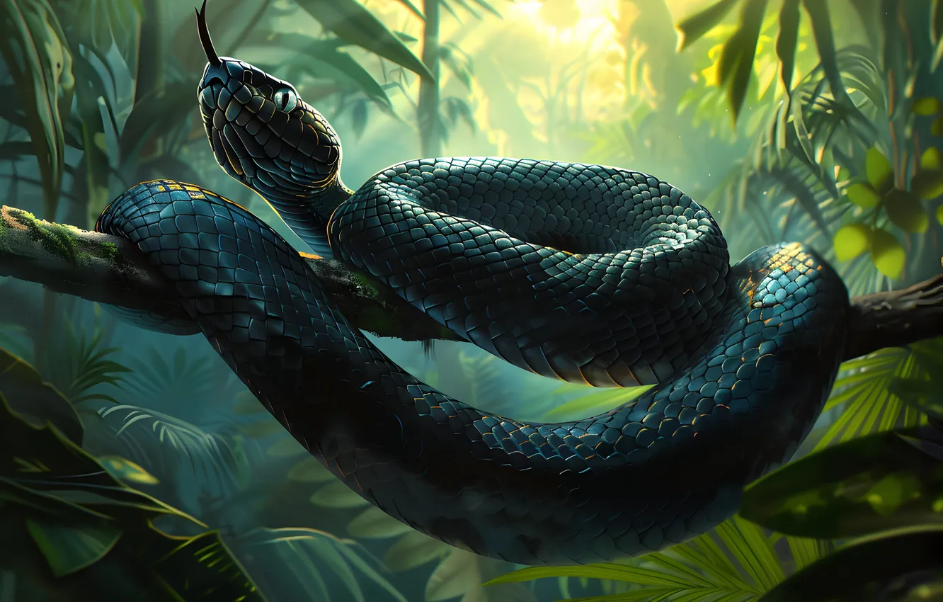 Photo wallpaper Tree, Language, Snake, Jungle, Art, Reptile, Animal, Digital art
