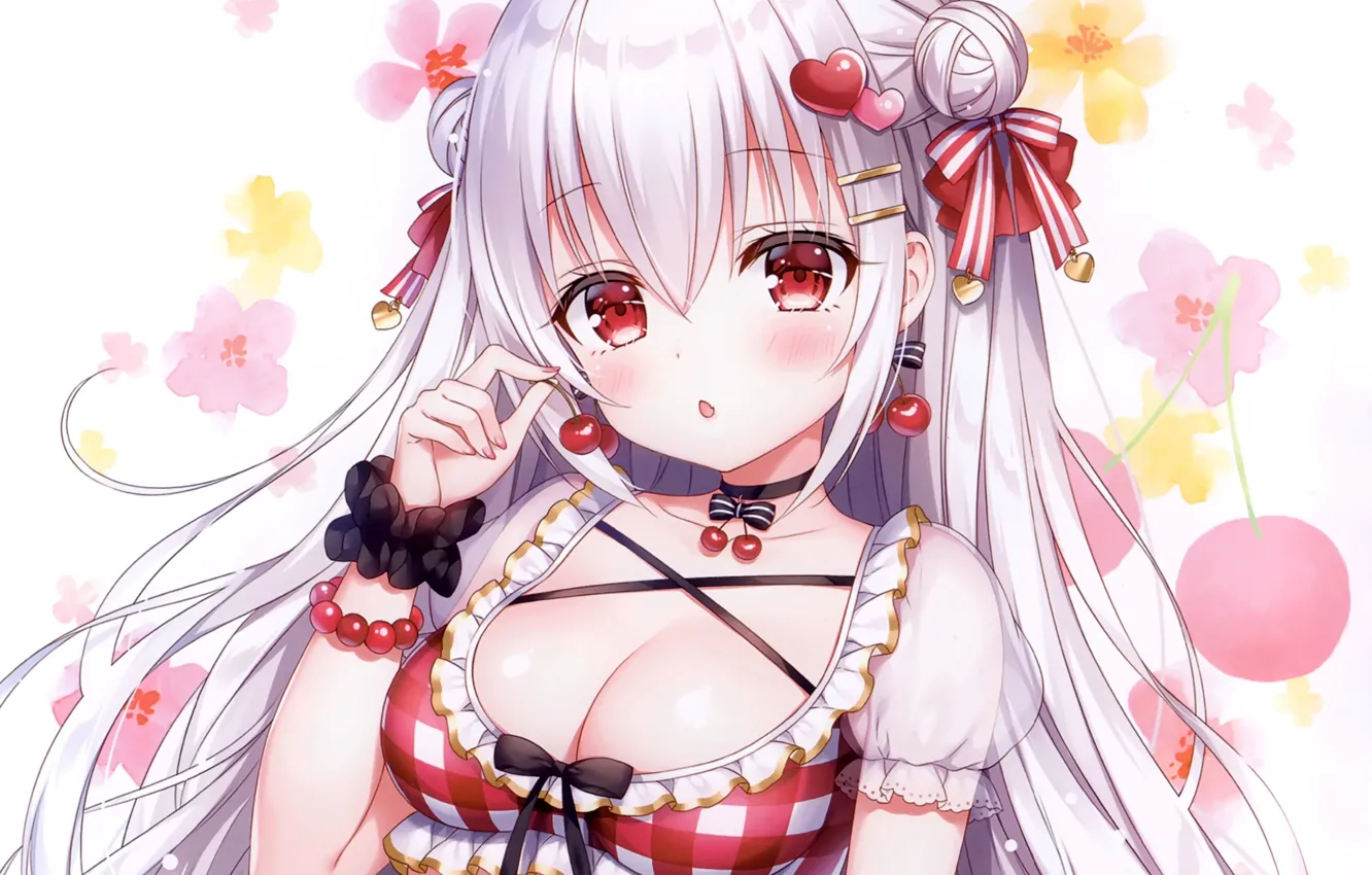 Photo wallpaper girl, sexy, cleavage, long hair, boobs, anime, beautiful, red eyes