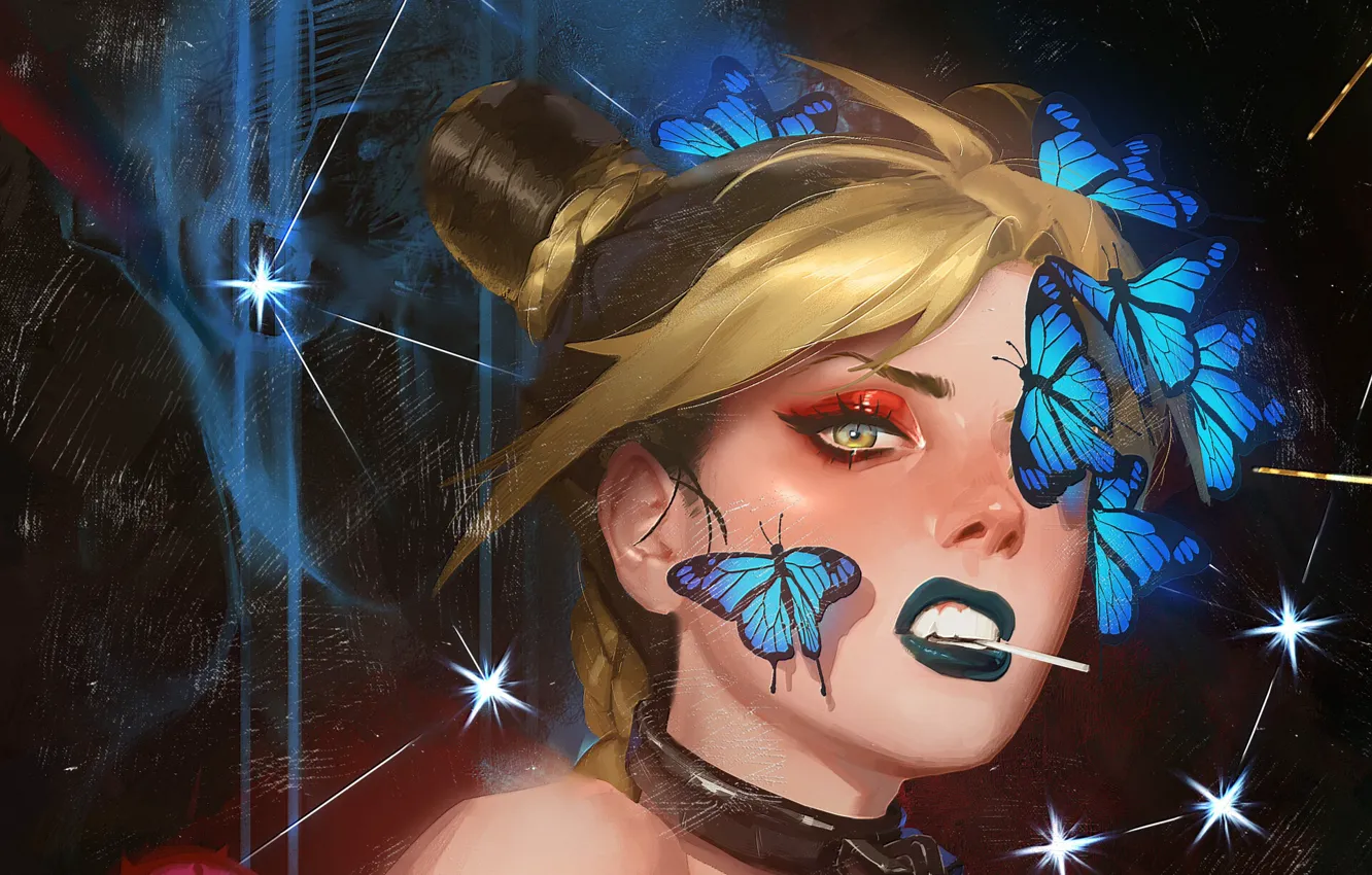 Photo wallpaper girl, art, Chupa Chups, Blue butterflies
