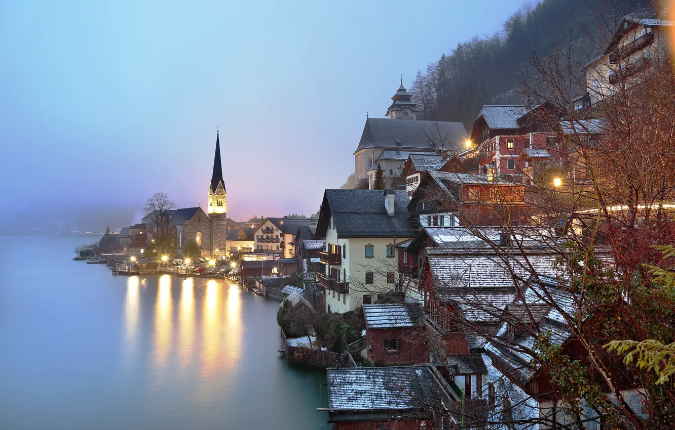 Photo wallpaper fog, lake, photo, morning, Austria, Hallstatt