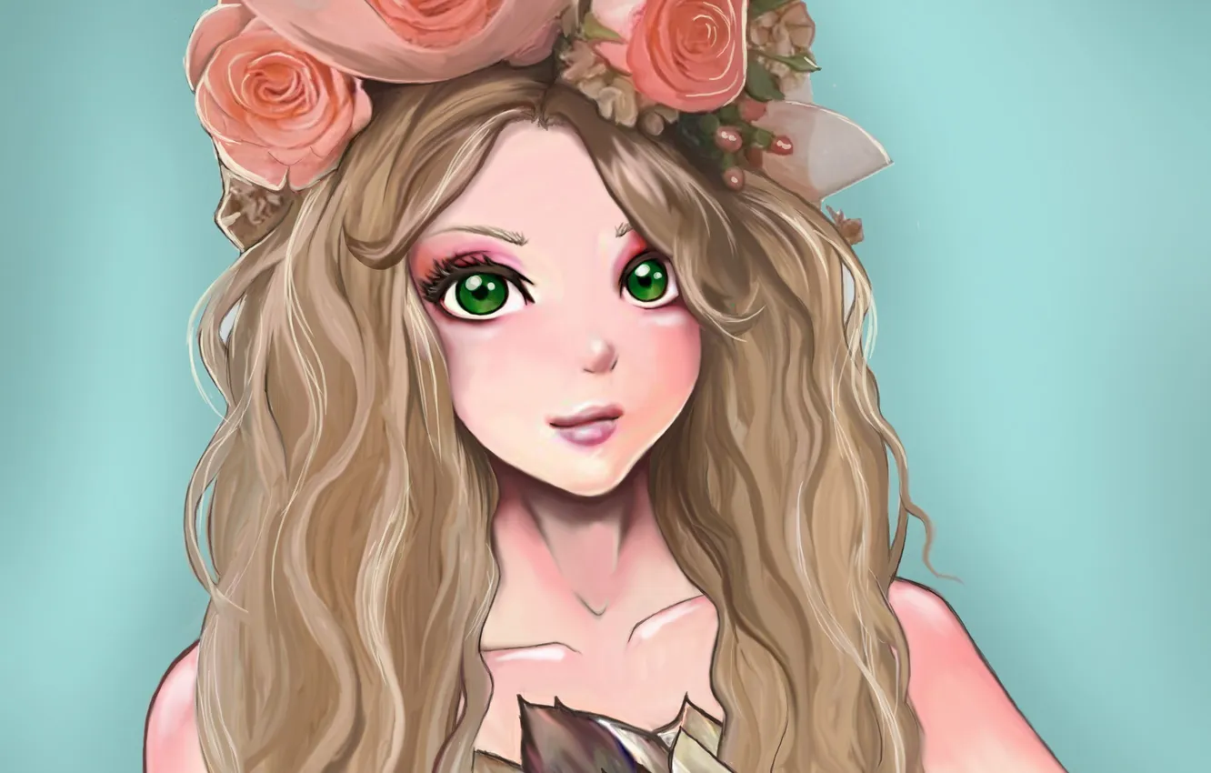 Photo wallpaper look, girl, flowers, face, background, hair, roses, art