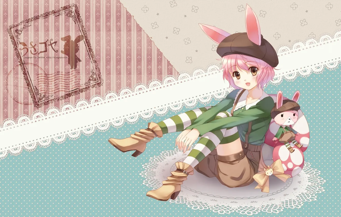 Photo wallpaper patterns, toy, art, girl, ears, Bunny, lace, pink hair