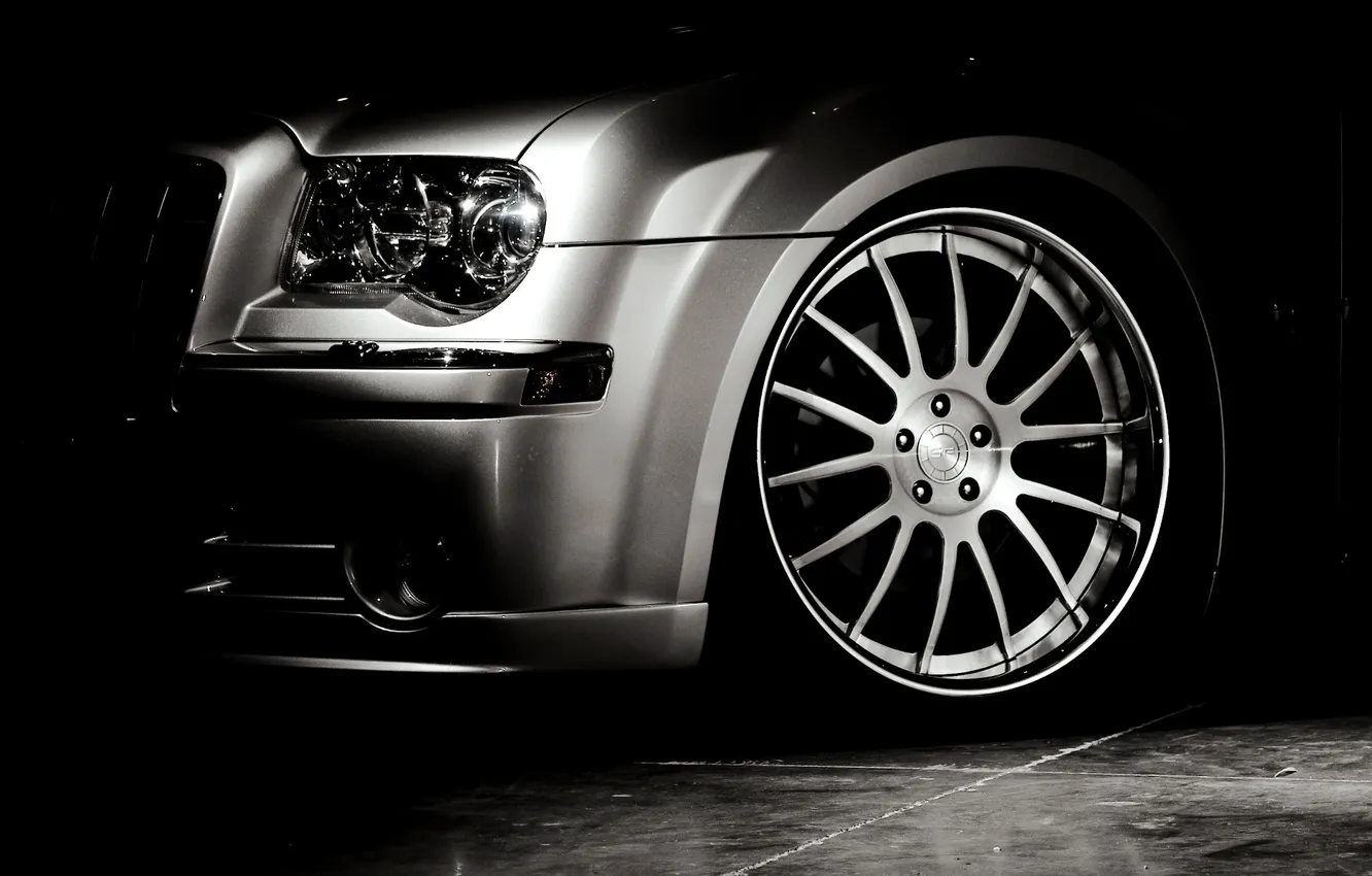 Photo wallpaper lights, wheel, Chrysler, cars, black and white, black background, cars, auto wallpapers