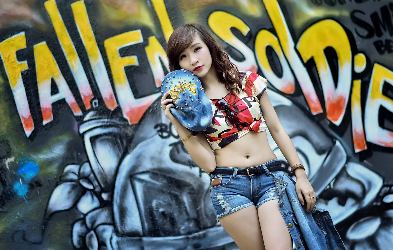 Photo wallpaper girl, wall, Asian