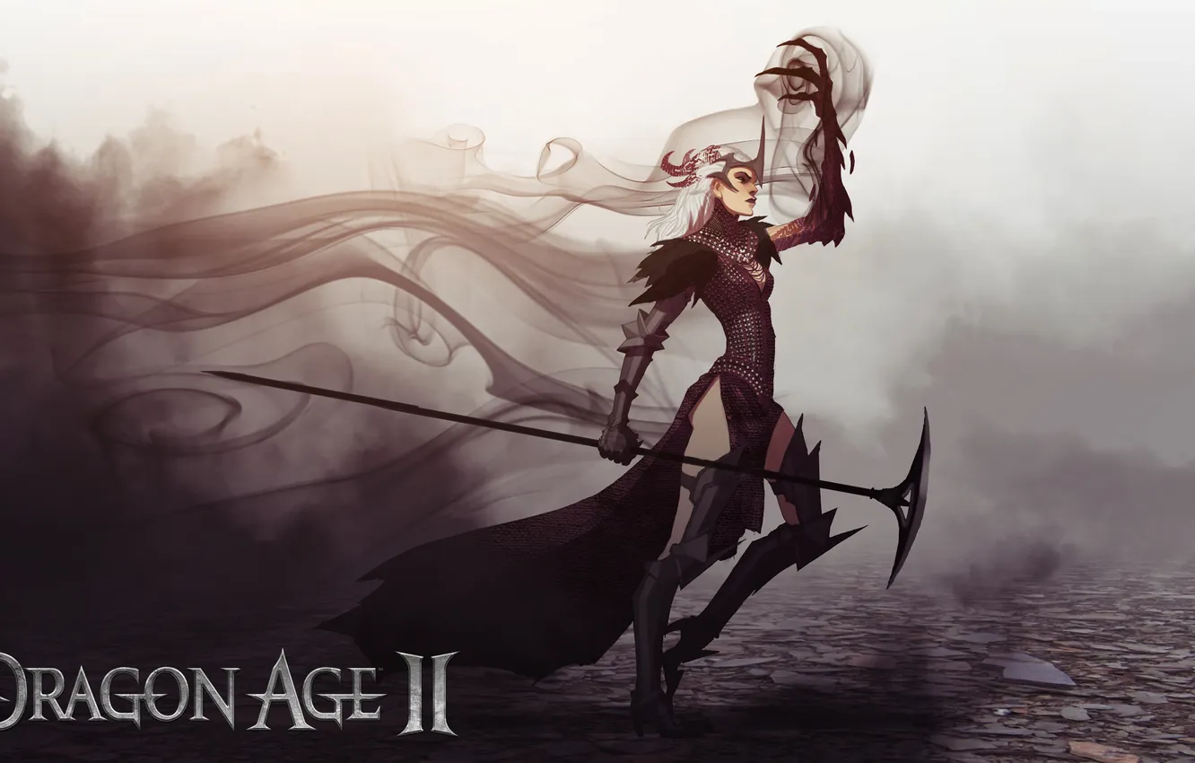 Photo wallpaper fog, magic, armor, staff, witch, Dragon Age, Flemeth, Flemet