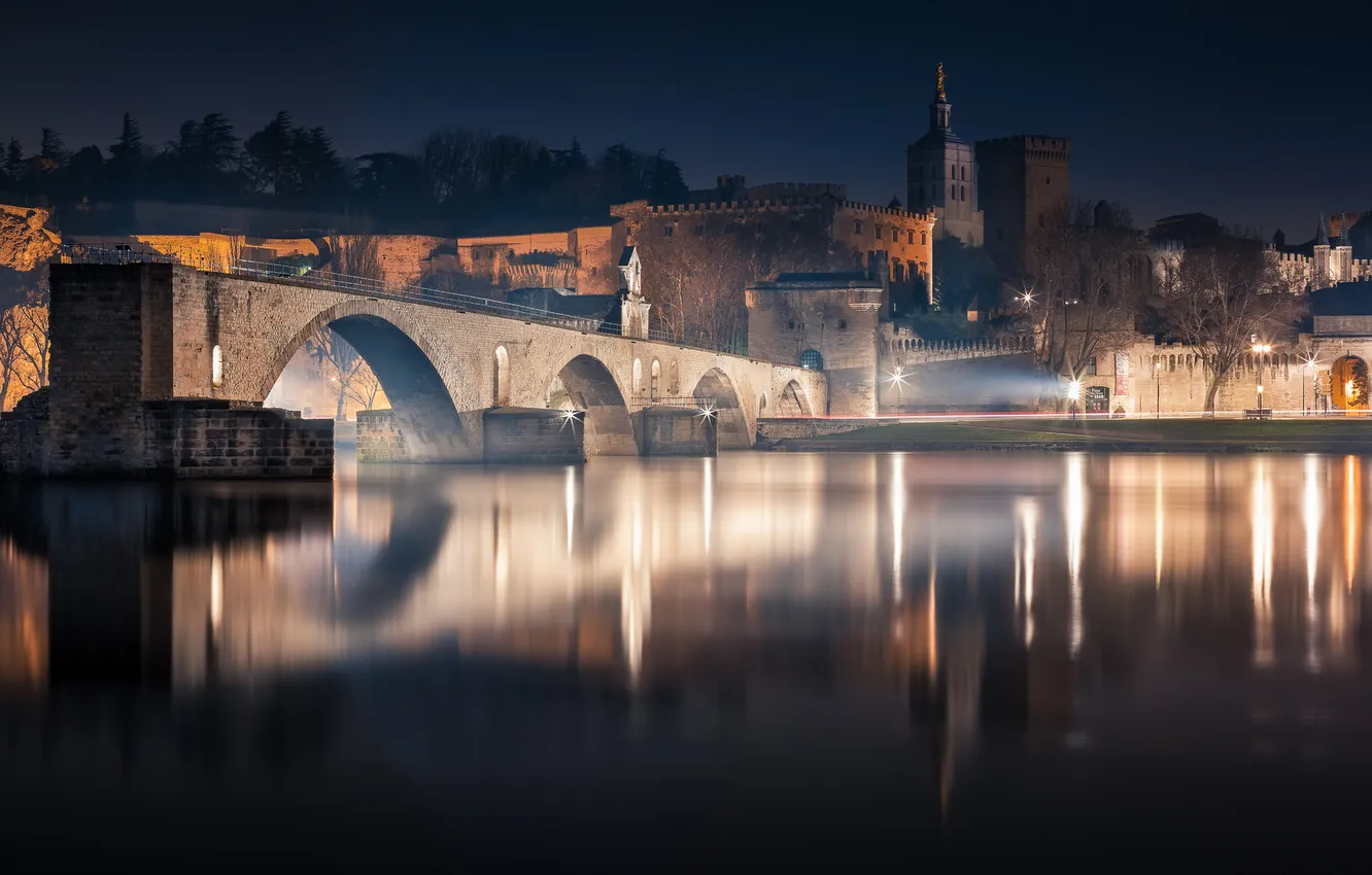 Photo wallpaper night, lights, reflection, France, the rhône river, Avignon, the Pont d'avignon