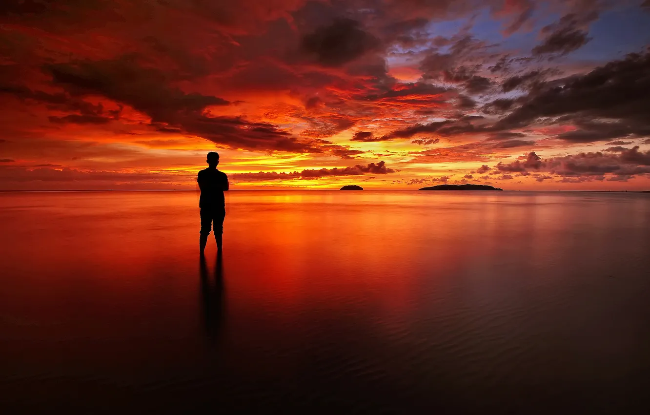 Photo wallpaper clouds, sunset, lake, reflection, mirror, male, orange sky