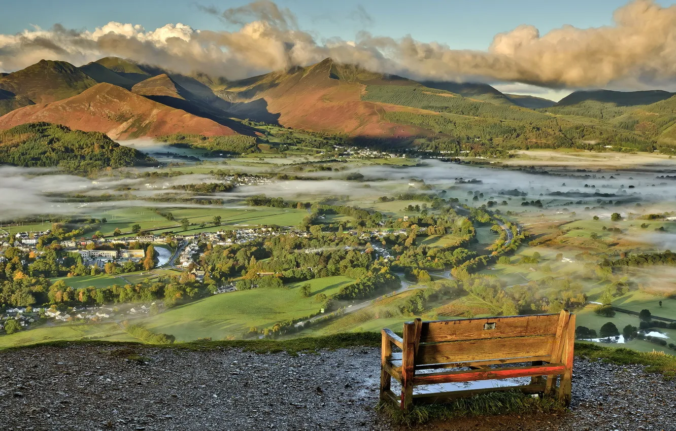 Photo wallpaper landscape, valley, bench