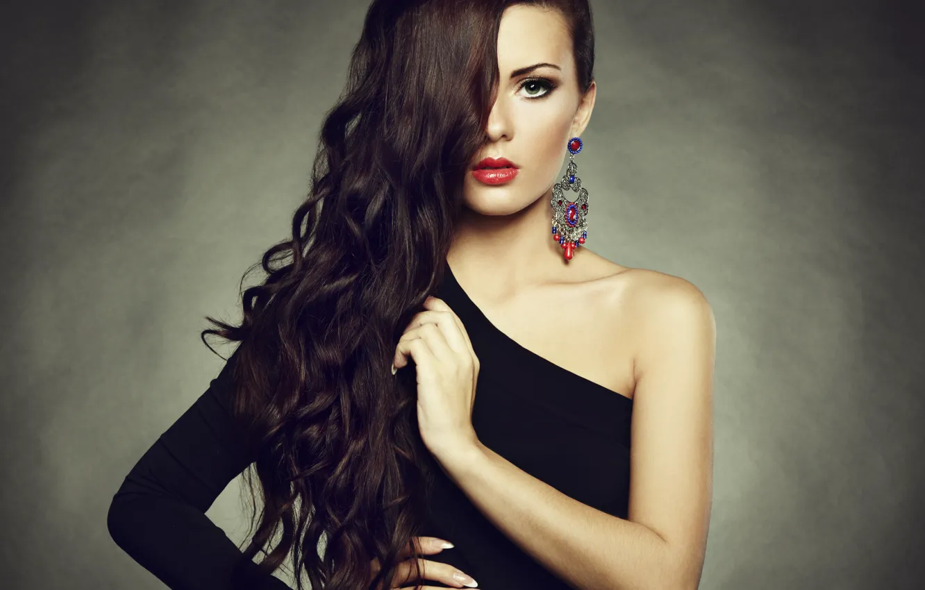 Photo wallpaper look, girl, background, hair, earrings, makeup, lipstick, black dress