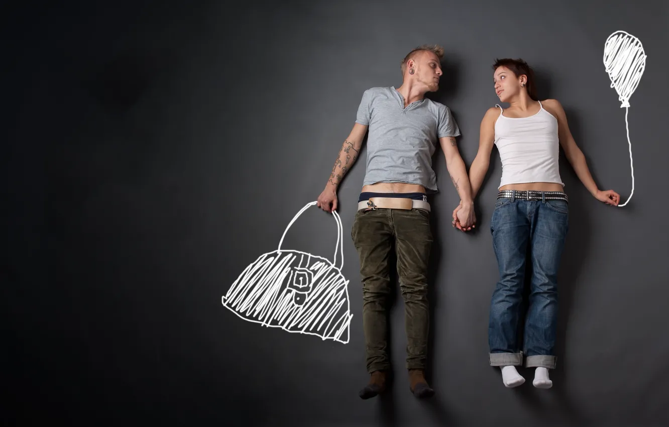 Photo wallpaper look, girl, balls, creative, figure, guy, bag