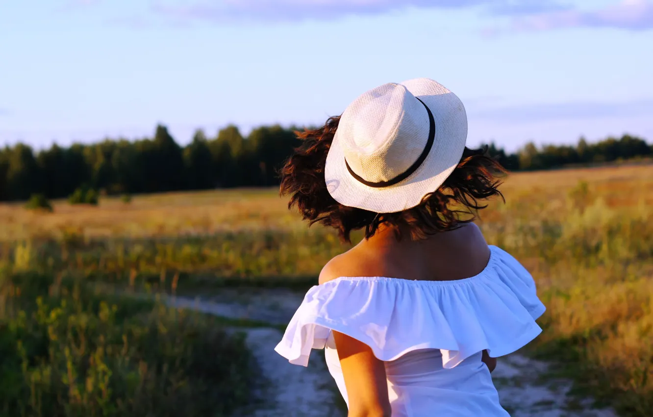 Photo wallpaper field, summer, girl, hat, Mike, meadow, path