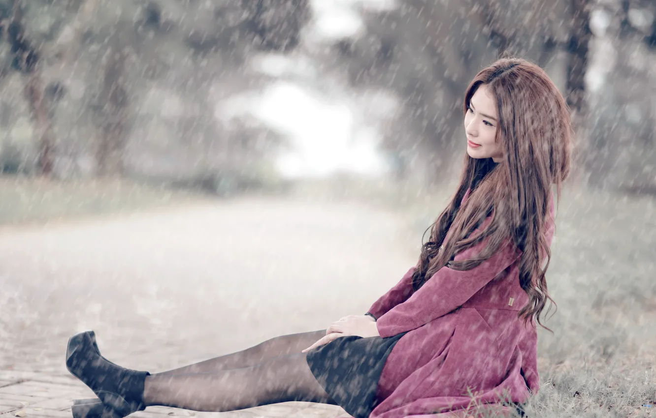 Photo wallpaper girl, rain, street