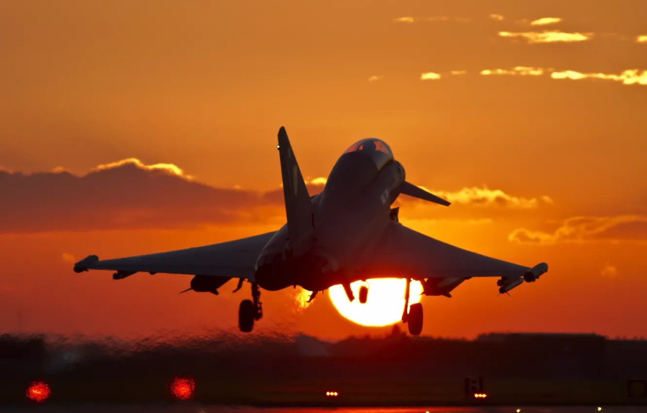 Photo wallpaper the sun, sunset, fighter, the rise, generation, multipurpose, Eurofighter Typhoon, fourth
