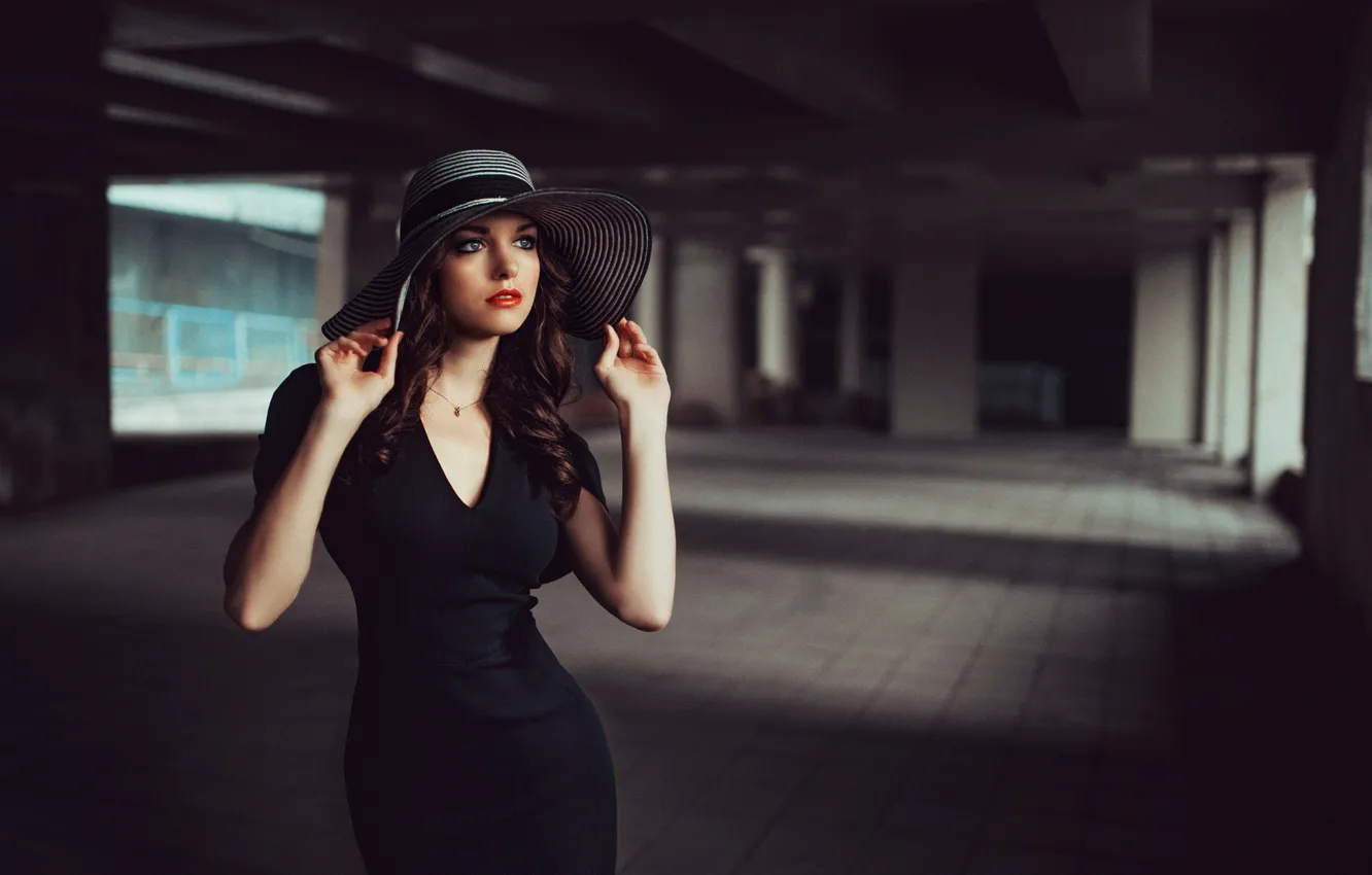 Photo wallpaper girl, hat, beautiful, blackdress