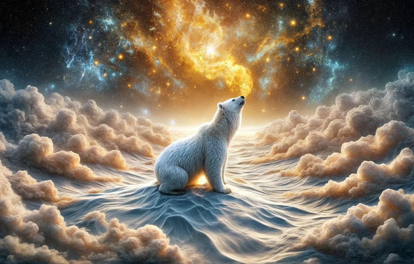 Photo wallpaper space, clouds, night, pose, bear, polar bear, AI art, neural network