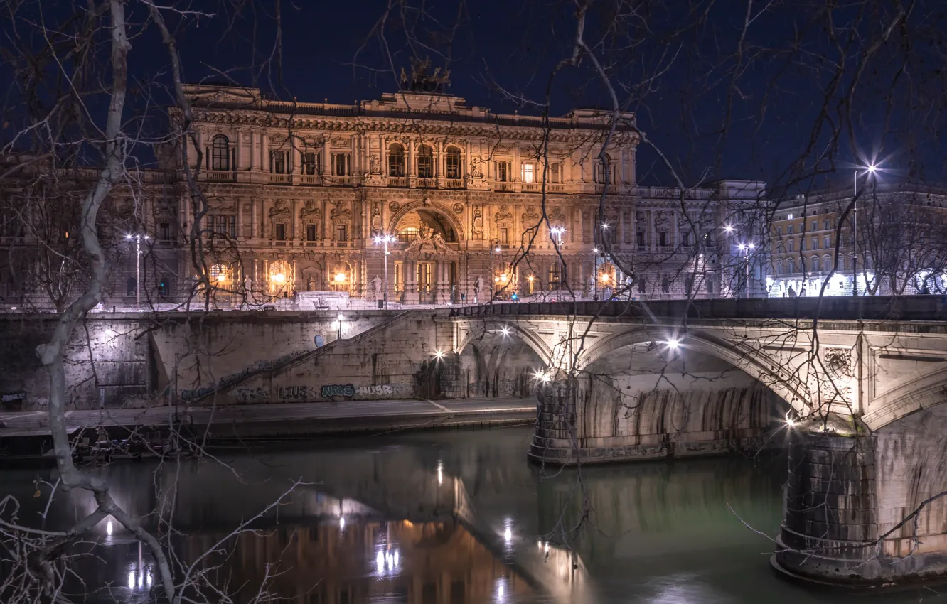 Photo wallpaper night, bridge, the city, river, lighting, Rome, lights, Italy