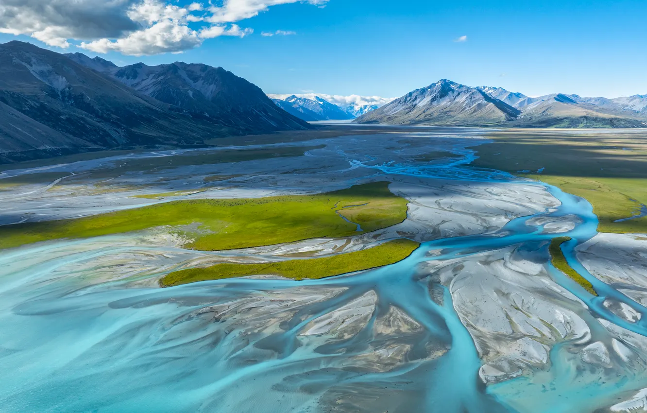 Photo wallpaper green, river, sky, landscape, New Zealand, mountains, Valley