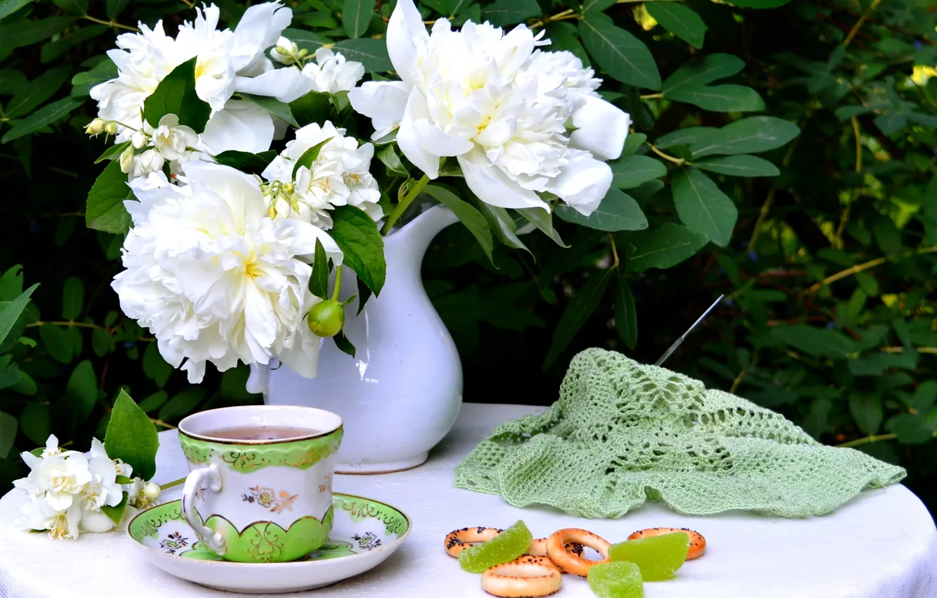 Photo wallpaper summer, bouquet, still life, peonies, marmalade, drying, Jasmine, knitting