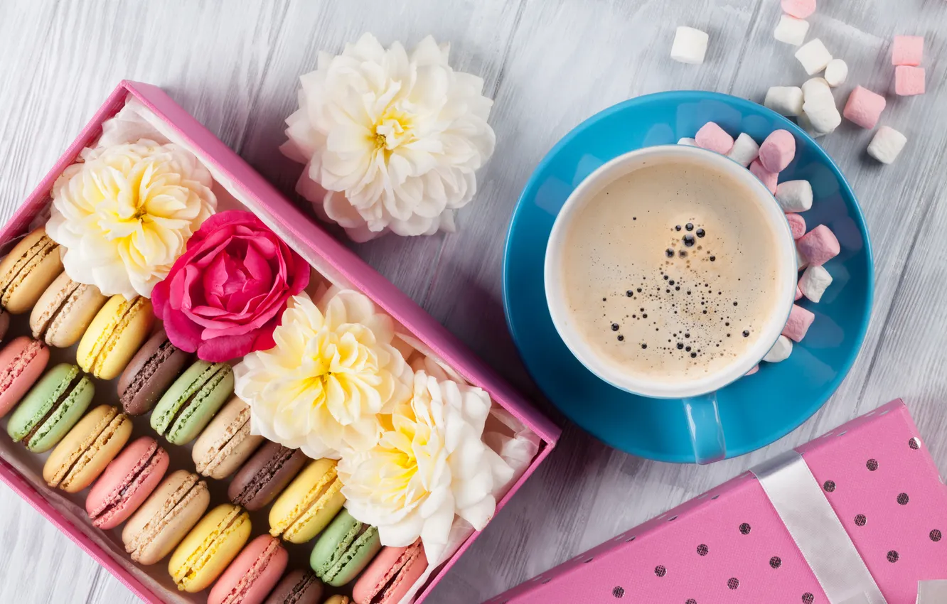 Photo wallpaper flowers, gift, colorful, wood, pink, flowers, coffee cup, macarons